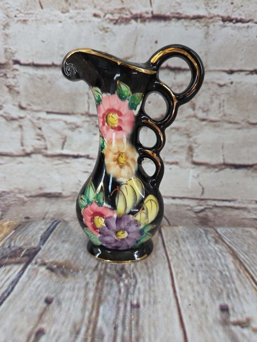Vintage Mini Black Floral Hand Painted Ceramic Bud Vase Pitcher 5"